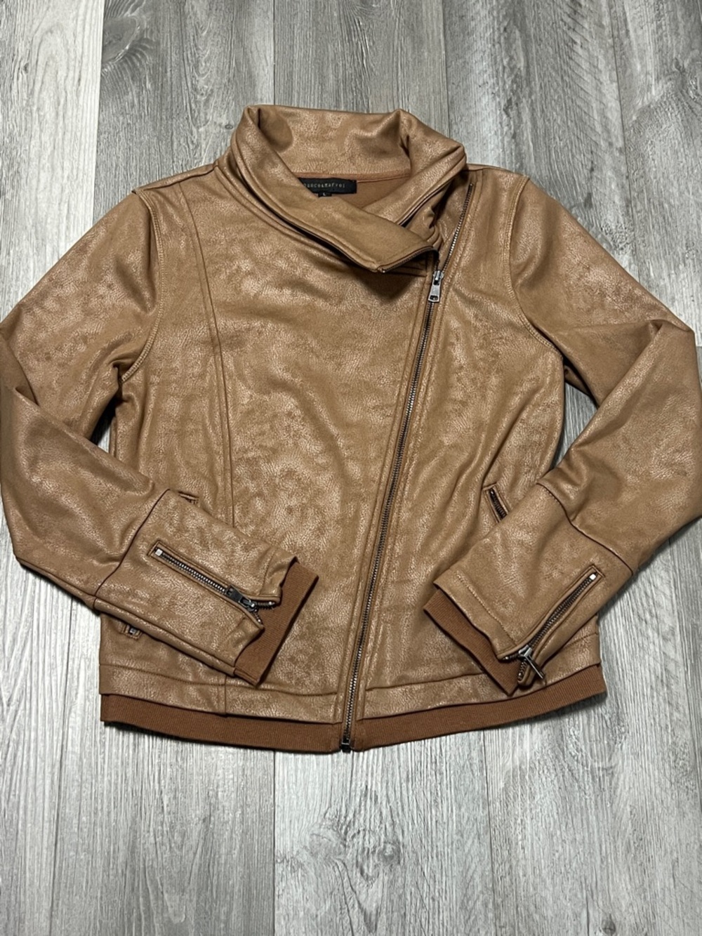 Dance and Marvel Tan Faux Leather Asymmetrical moto  Zip Jacket/ Size L